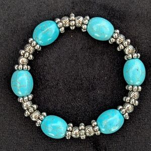Turquoise and Silver Toned Beaded Bracelet Stretchable Adjustable